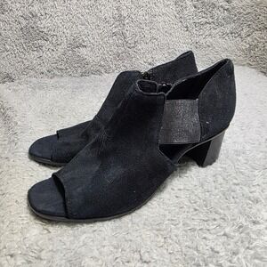 Munro Peep Toe Stretch Sandal Bootie Black Suede Block Heel  Women 6 M NEW